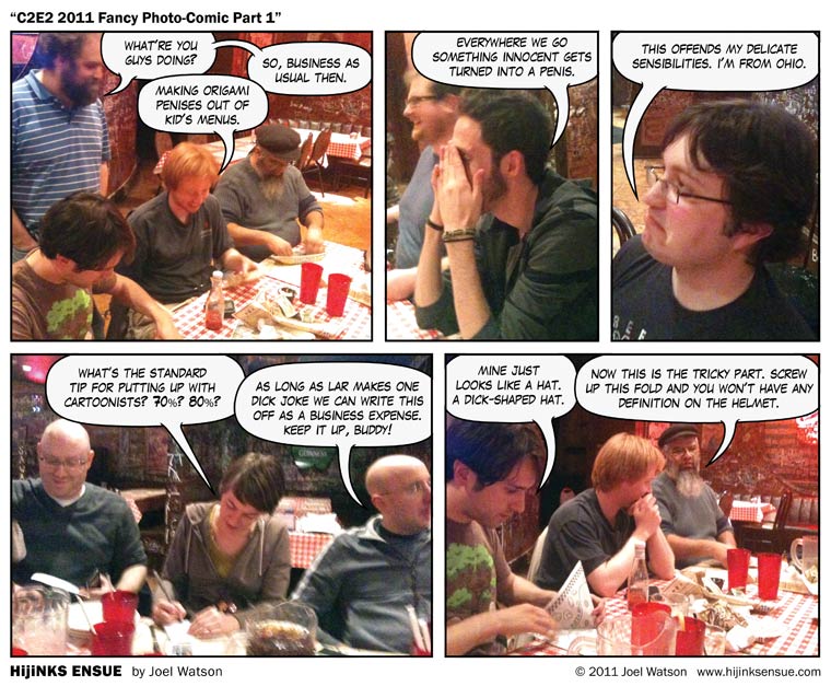 Now you just set the tip on fire and throw them at the other tables. LOOK OUT NORMALS! IT'S FLAMING PENIS MISSLE TIME!!!
